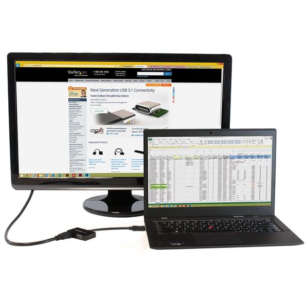 Compact 2-in-1 DisplayPort to HDMI & VGA adapter for seamless laptop connectivity, ideal for presentations on the go.