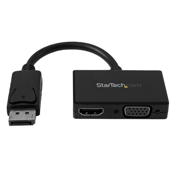 Compact 2-in-1 DisplayPort to HDMI & VGA travel adapter for seamless connections on the go.