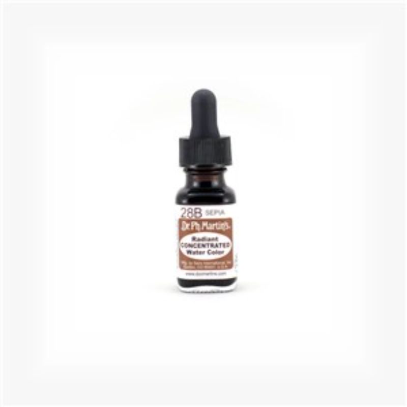 Dr. Ph. Martin's 0.5 oz Sepia liquid watercolor in a glass bottle with dropper, perfect for vibrant and timeless art.