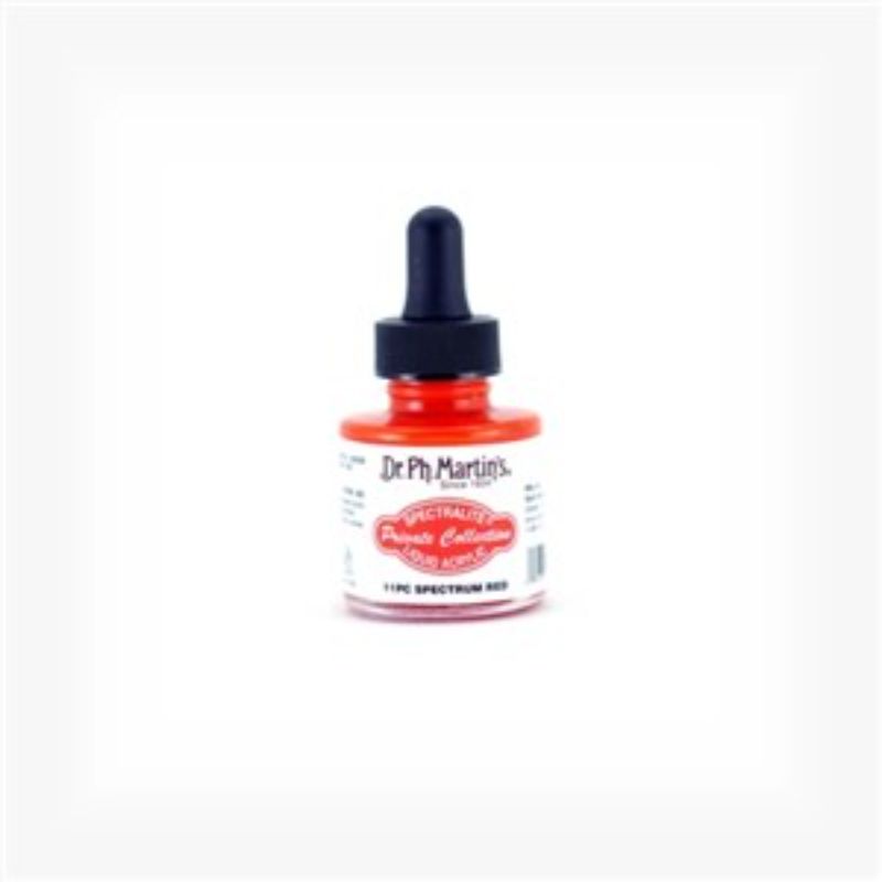 1oz bottle of Dr. Ph. Martin's Spectrum Red liquid acrylic paint, vibrant for versatile art on various surfaces.