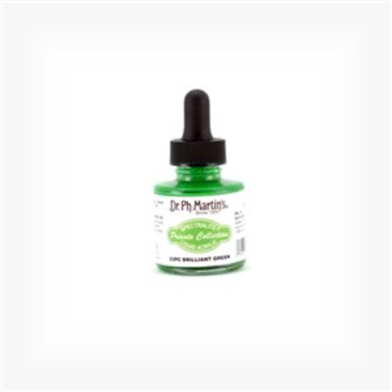 1oz bottle of Dr. Ph. Martin's BRILLIANT GREEN liquid acrylic paint, ideal for vibrant, versatile artwork on various surfaces.