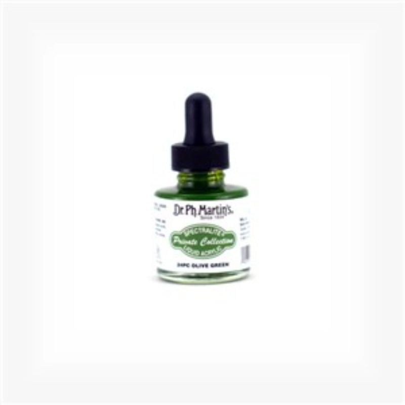 1oz bottle of Dr. Ph. Martin's Olive Green Spectralite Liquid Acrylics, ideal for vibrant artwork and various surfaces.