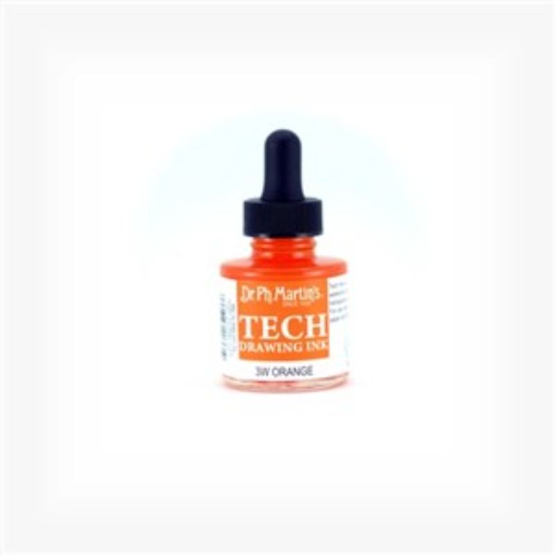 1oz bottle of Dr. Ph. Martin's ORANGE TECH Drawing Ink, vibrant, lightfast, water-resistant, ideal for artists.