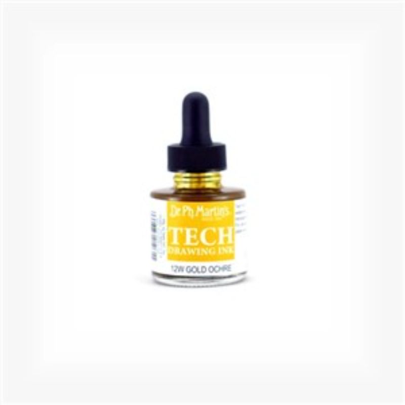 1oz bottle of Dr. Ph. Martin's GOLD OCHRE Drawing Ink, vibrant, lightfast, ideal for various artistic techniques.