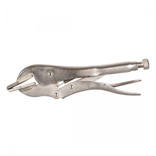 DRAPER Locking Pliers with wide jaw, nickel-plated steel, ideal for metalwork, upholstery, and DIY projects.