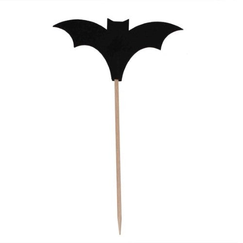 Set of 12 black bat-themed cocktail sticks for Halloween parties, 10cm tall and eco-friendly, perfect for spooky drinks.