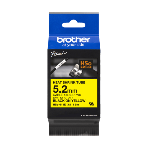 Brother HSe-611E Heat Shrink Tube Tape Cassette, Black on Yellow, 5.2mm Wide