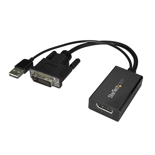 DVI to DisplayPort adapter for connecting DVI devices to DP monitors, USB powered with resolutions up to 1920x1200.