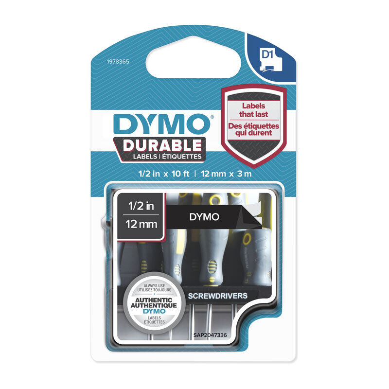 Dymo D1 Wht on Blk 12mm x 3m