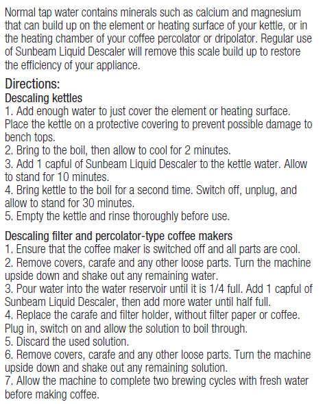 Sunbeam Liquid Descaler 250ml effectively removes limescale, restoring appliance efficiency and prolonging device lifespan.