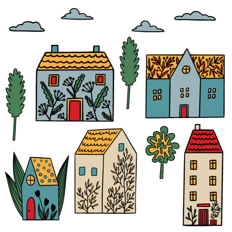 Vibrant Doodle City Decals, eco-friendly fabric wall stickers, ideal for kids' rooms and creative spaces.