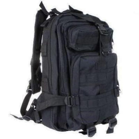 Durable black camo backpack with padded straps, perfect for outdoor adventures and everyday use, 30 litres volume.