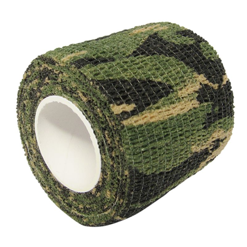 Camo bandage tape roll, 4.5m long and 5cm wide, featuring a woodland camouflage design.