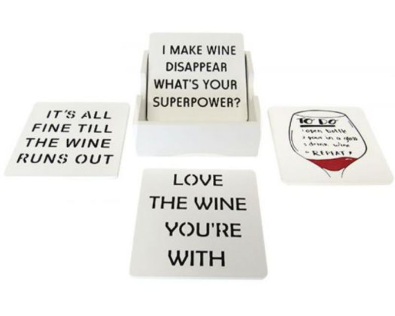 Set of 4 elegant wine-themed wooden coasters with holder, designed to protect surfaces and enhance wine enjoyment.