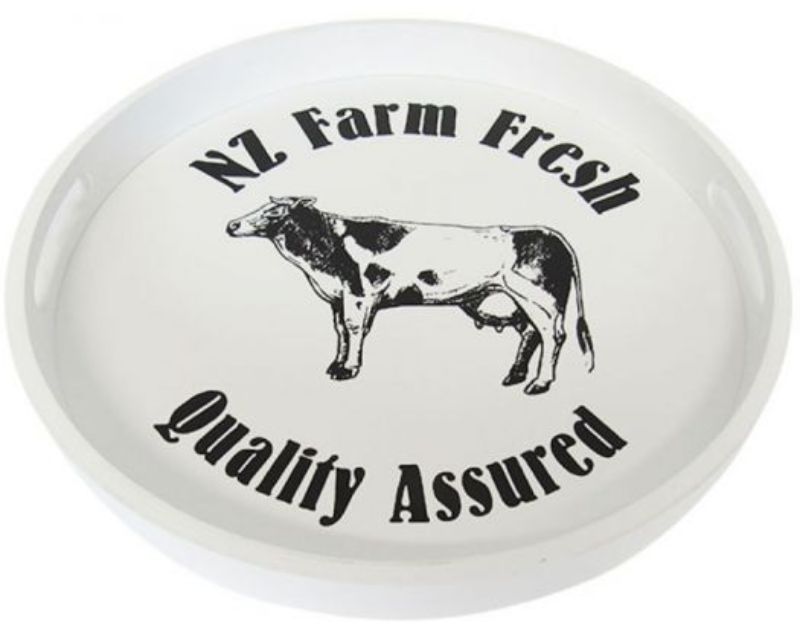 Stylish black and white wooden tea tray featuring a farm cow motif, perfect for rustic decor and gatherings.