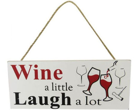 Stylish 24cm MDF word art wall decor reading 'Laugh', with rustic twine hanger, perfect for wine lovers.