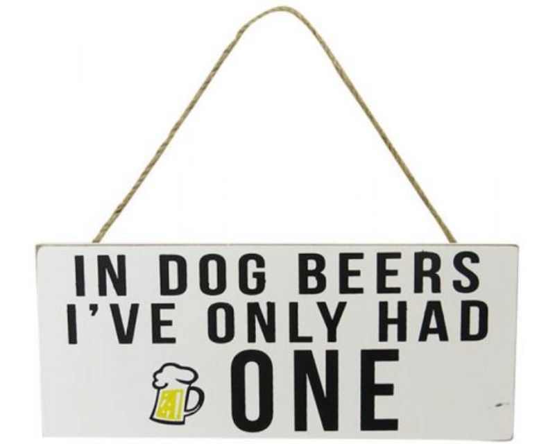 Rustic wood wall art with rope hanger featuring 'Dog Beers', perfect for dog lovers' home bars or man caves.