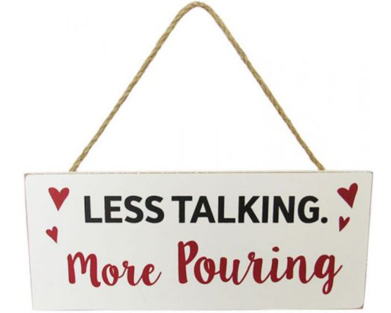 Charming B&W Wine Hanger LessTalk wood sign with rustic twine, perfect for wine lovers' decor, 24 x 10 cm.