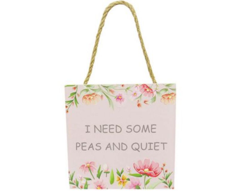 Rustic wooden garden sign with twine hanger, 12x12 cm, promoting tranquility for garden enthusiasts.