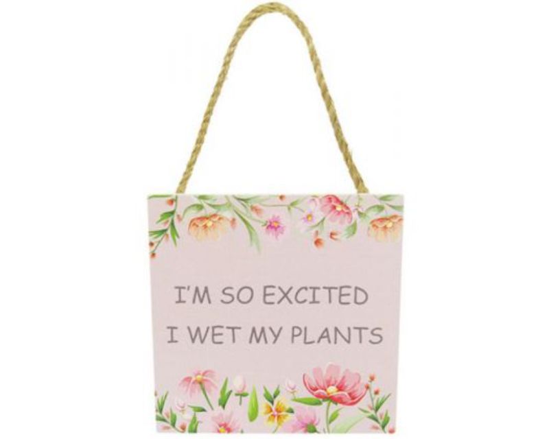 Rustic wooden garden sign with twine hanger, measuring 12x12 cm, reminding gardeners to care for their plants.