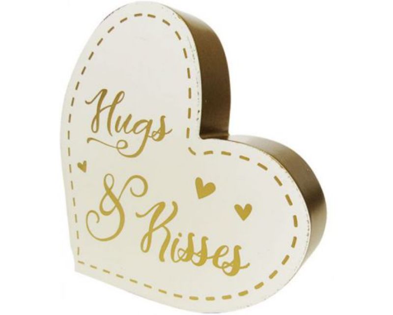 Heart-shaped wooden sign reading 'Hugs Kisses' to enhance home decor and express love, measuring 13 x 13 x 2.3 cm.