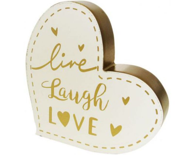 Wooden heart-shaped sign reading 'Live Laugh Love', perfect for cozy home decor and gifts.