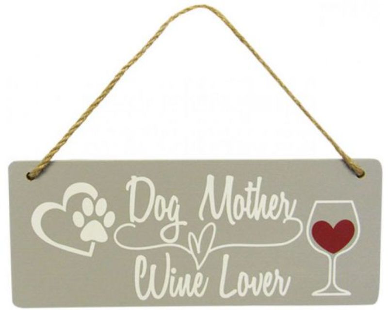 Wooden wall decor featuring 'Dog Home Hanger Mum Wine' with twine, perfect for dog and wine lovers.