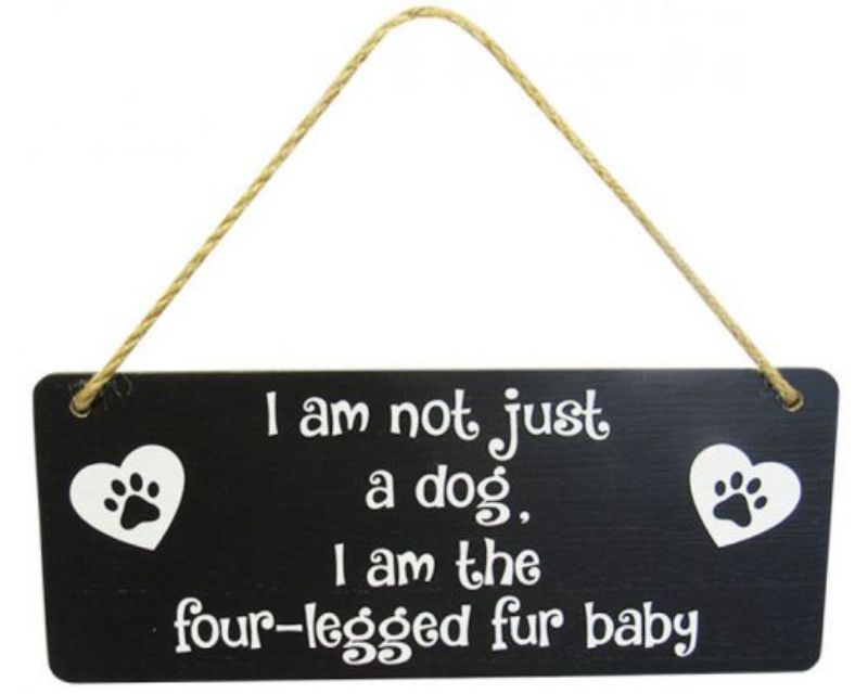 Whimsical wood wall art with twine hanger, celebrating dogs; measures 25 x 10 cm, perfect for pet lovers' decor.