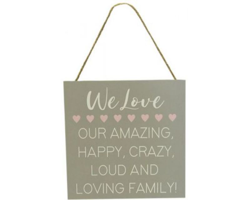 Beautiful wooden family life hanger sign measuring 18x18 cm, celebrating love, unity, and togetherness in home decor.