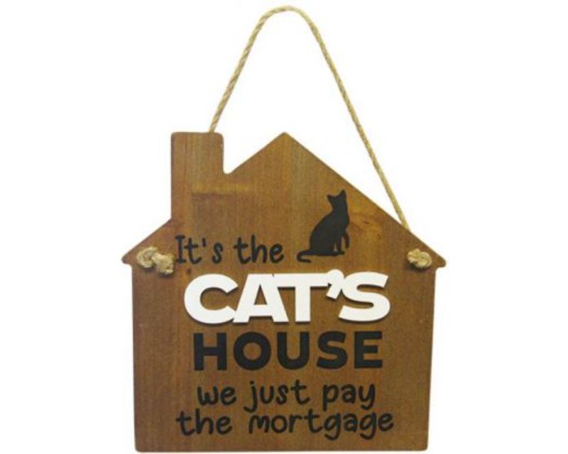 Wooden Cat's House Sign with twine hanger, measuring 20 x 18.5 cm, perfect for cat lovers' home decor.