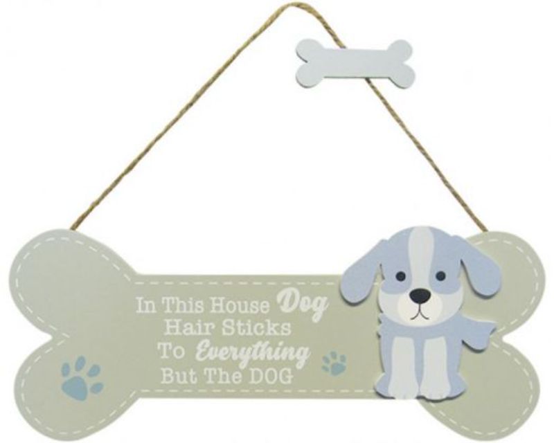 Wooden bone-shaped sign for dog hair management, measuring 30 x 12 cm, stylish and functional home decor for dog lovers.