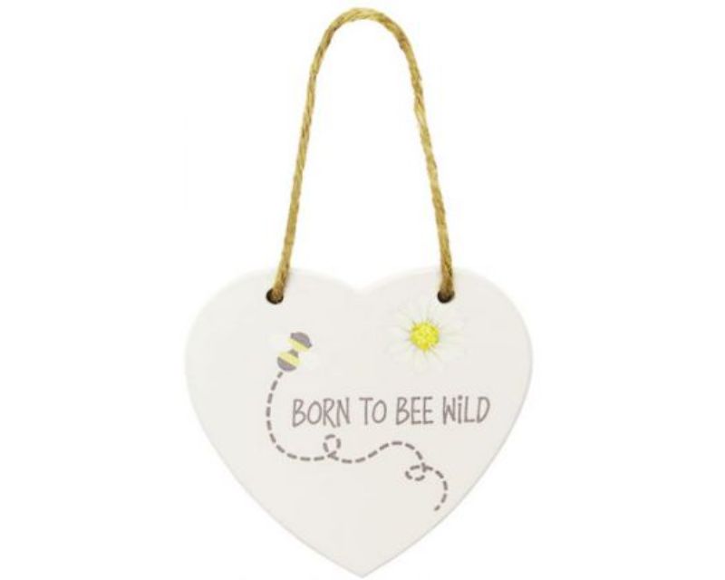 Heart-shaped wood sign featuring a bee design, perfect for home or garden décor, 10.5 x 10.5 cm with twine hanger.