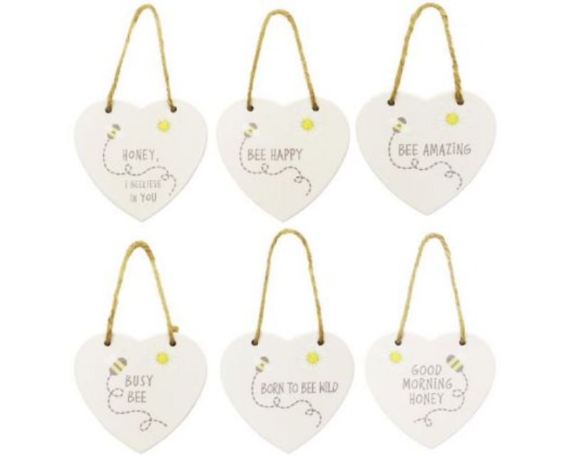 Set of 6 heart-shaped wooden bee signs with twine hangers, measuring 10.5 x 10.5 cm, perfect for charming home decor.