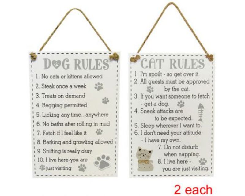 Set of four wooden pet rule signs featuring cat and dog designs, perfect for enhancing pet-friendly home decor.