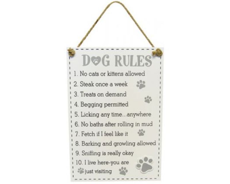 Charming wooden Dog Rules Hanger with twine, 35x24 cm, featuring playful dog etiquette sayings for pet-friendly decor.