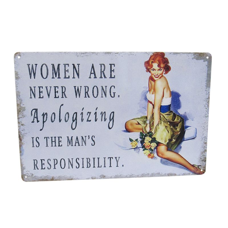 Retro tin sign featuring a quirky 'Man Apology' design, perfect for home or office decor, measuring 30cm x 20cm.