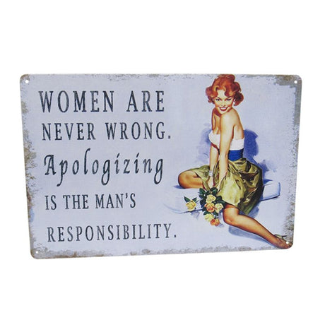 Retro tin sign featuring a quirky 'Man Apology' design, perfect for home or office decor, measuring 30cm x 20cm.