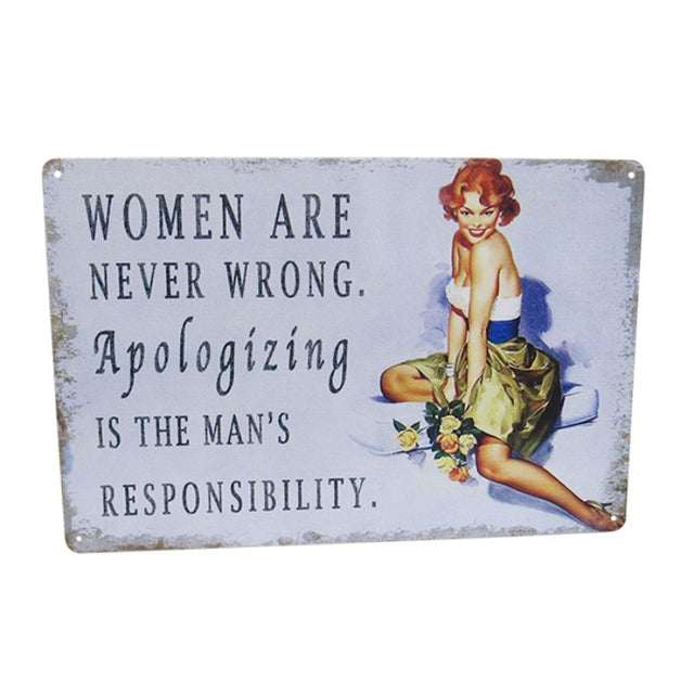 Retro tin sign featuring a quirky 'Man Apology' design, perfect for home or office decor, measuring 30cm x 20cm.