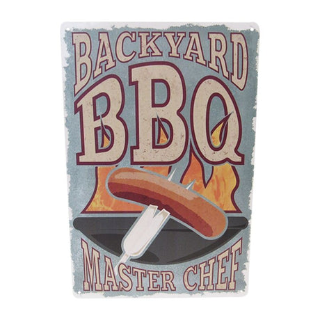 Decorative retro tin sign measuring 30cm x 20cm, perfect for BBQ enthusiasts and outdoor cooking spaces.