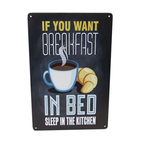 Retro tin art sign featuring a quirky breakfast theme, measuring 30cm x 20cm, perfect for kitchen decor.