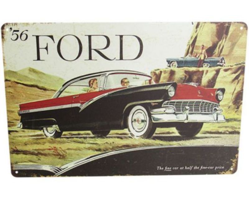 Retro tin sign featuring a classic Ford car, perfect for vintage decor enthusiasts and collectors.