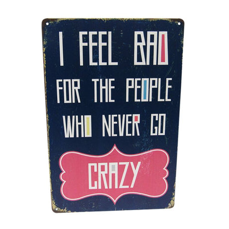 Vibrant retro tin art sign 'Go Crazy' measuring 30cm x 20cm, perfect for adding quirky style to any space.