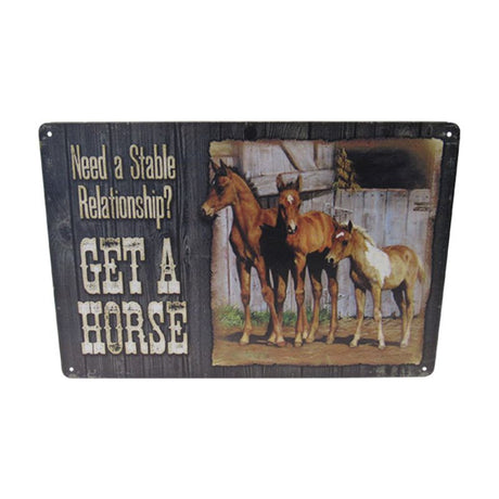 Retro-inspired tin art sign featuring vibrant horse-themed design, measuring 30cm x 20cm, ideal for equestrian decor.