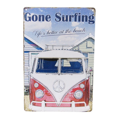 Retro tin wall art depicting vibrant surf culture, perfect for beach-themed decor and expressing love for coastal living.