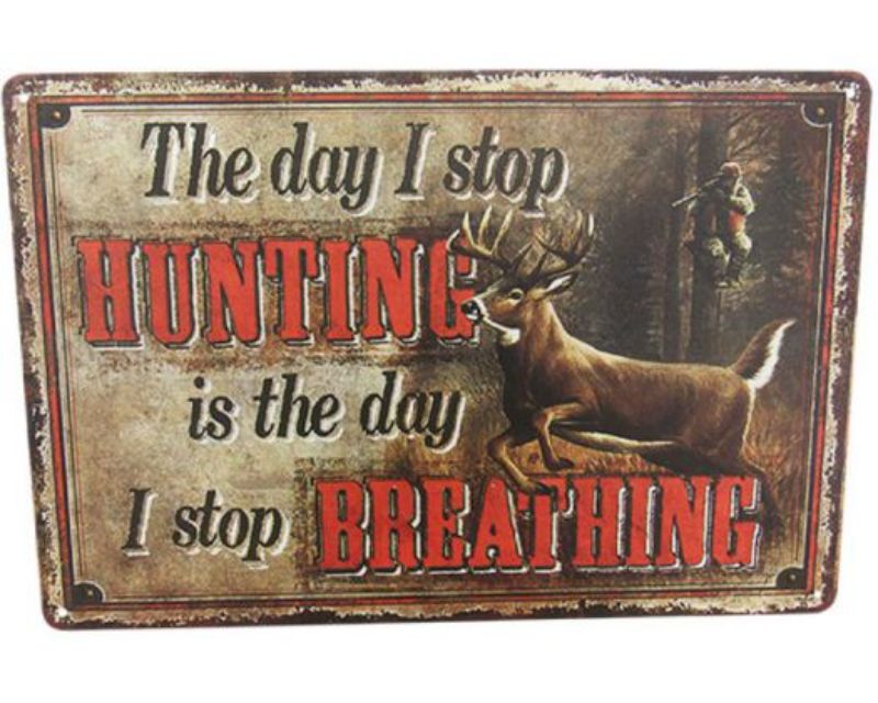 Vintage-inspired tin sign featuring vibrant hunting graphics, perfect for adding retro charm to any space. Measures 30cm x 20cm.