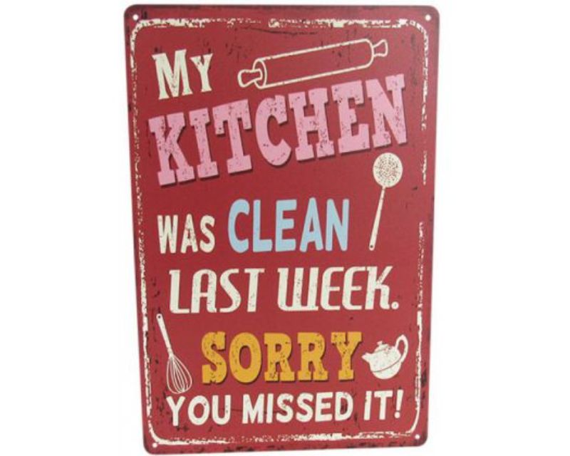 Vibrant retro tin sign for kitchens, promoting cleanliness with a quirky charm, measuring 30cm x 20cm.
