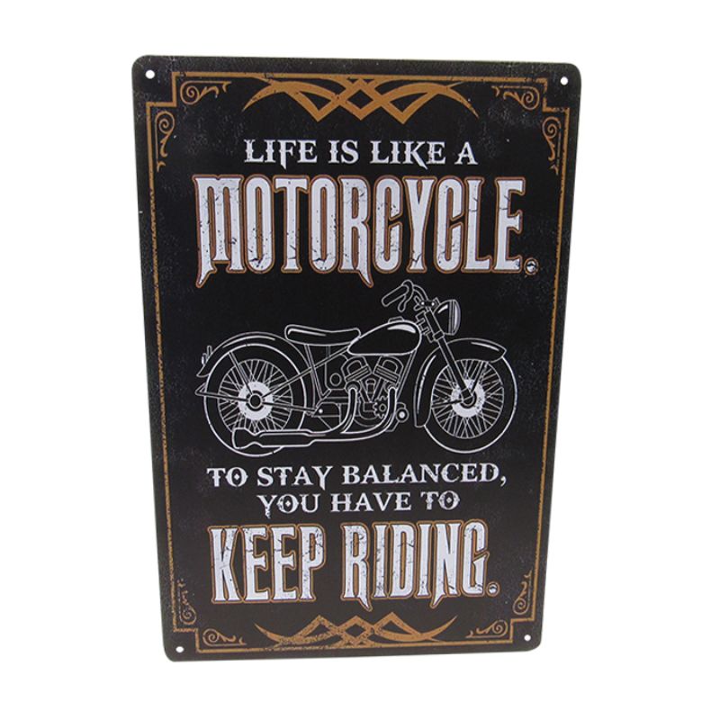 Vibrant 30cm x 20cm 'Keep Riding' art tin sign, perfect for motorcycle enthusiasts and retro decor lovers.