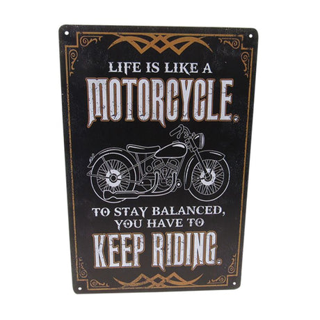 Vibrant 30cm x 20cm 'Keep Riding' art tin sign, perfect for motorcycle enthusiasts and retro decor lovers.