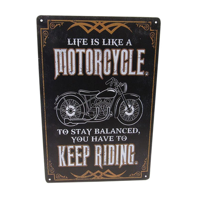 Vibrant 30cm x 20cm 'Keep Riding' art tin sign, perfect for motorcycle enthusiasts and retro decor lovers.