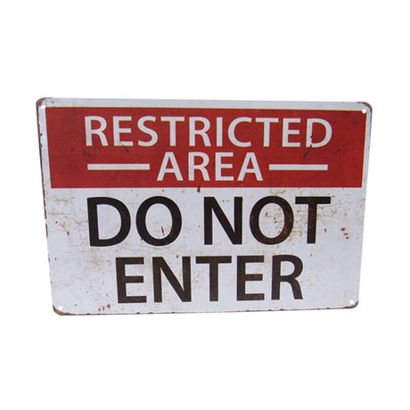 Vintage-style 'Restricted Area' tin sign, 30cm x 20cm, perfect for quirky home decor and conversation starter.